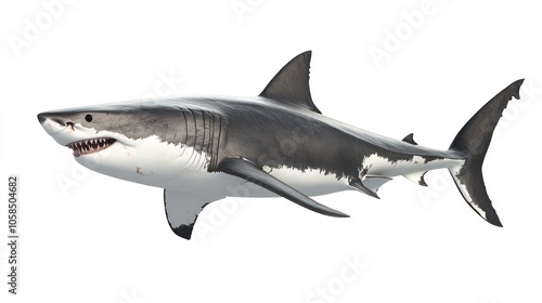 A 3D rendering of a great white shark swimming gracefully in the ocean.