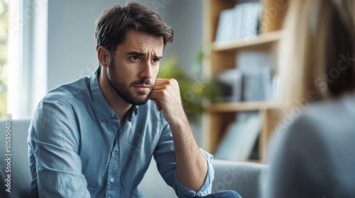 A pensive man engages in a serious conversation, reflecting deep emotions as he listens intently to someone off-camera in a cozy setting.