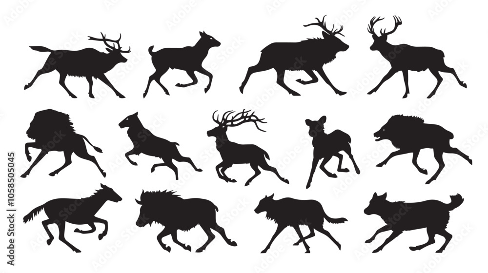 Obraz premium Collection of running animal silhouettes , black silhouettes isolated on white background