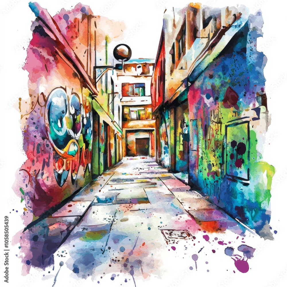 Fototapeta premium watercolor painting of a colorful street art mural on an alley wall, on isolated white background