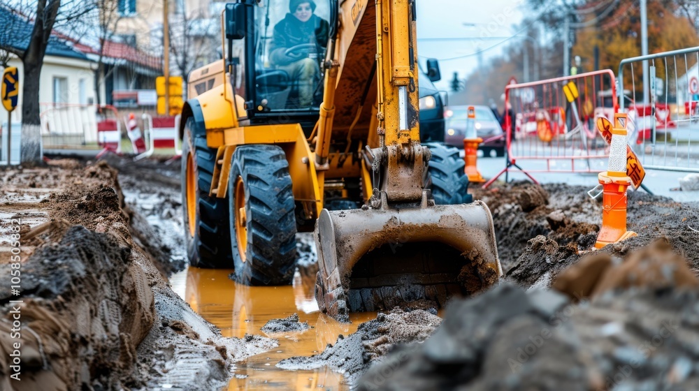 Close-up of Excavator Digging a Trench on a Construction Site Close-up of Excavator Digging a Trench on a Construction Site