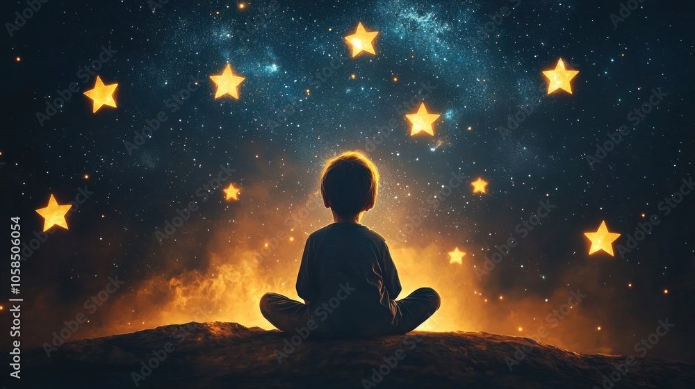 Child in lotus position meditating under a starry sky, conceptual illustration of dreams, hope, and spirituality Child in lotus position meditating under a starry sky, conceptual illustration of dreams, hope, and spirituality
