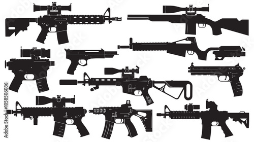 Collection of various realistic firearms. silhouette set
