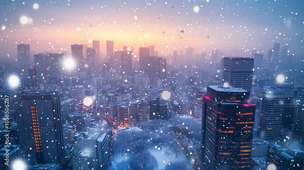 雪の東京オフィス街と夜の帳 雪の東京オフィス街と夜の帳