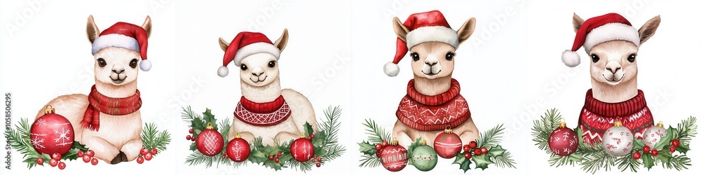 Four adorable llamas in Santa hats and festive scarves, surrounded by holiday decorations, ready for Christmas celebrations. Four adorable llamas in Santa hats and festive scarves, surrounded by holiday decorations, ready for Christmas celebrations.