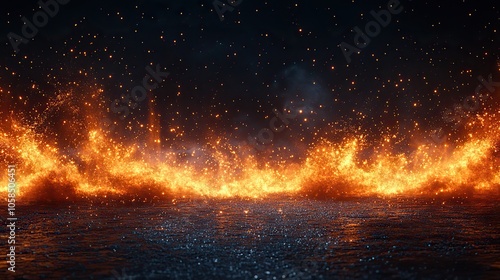 Fire flames and sparks dance on black background, forming dramatic banner for fiery, energetic themes