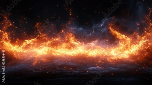 Fire flames and sparks dance on black background, forming dramatic banner for fiery, energetic themes