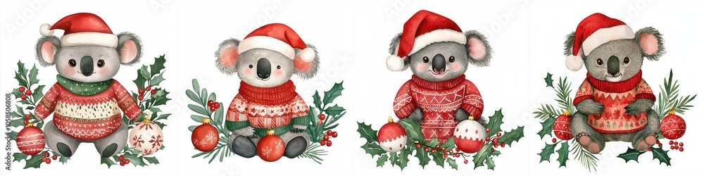Four festive koalas dressed in Santa hats and Christmas sweaters, surrounded by holiday plants, embodying a joyful holiday spirit. Four festive koalas dressed in Santa hats and Christmas sweaters, surrounded by holiday plants, embodying a joyful holiday spirit.