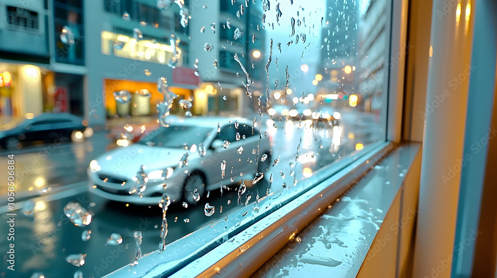 Obraz premium Raindrops on Window with Blurred Cityscape Background