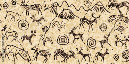 Seamless petroglyph pattern, rock paintings, naive art, vector design	