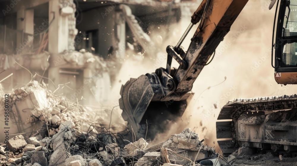Fototapeta premium Demolition Excavator Crushing Concrete Building