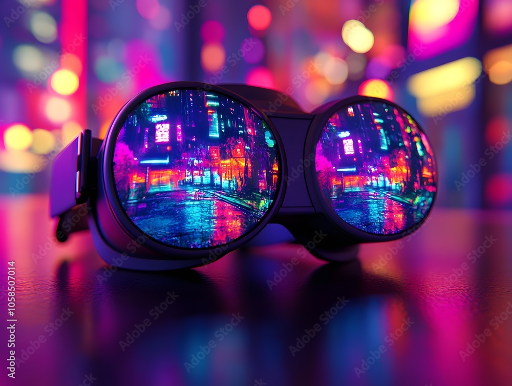 A pair of futuristic VR goggles reflecting a vibrant, neon-lit urban landscape. A pair of futuristic VR goggles reflecting a vibrant, neon-lit urban landscape.