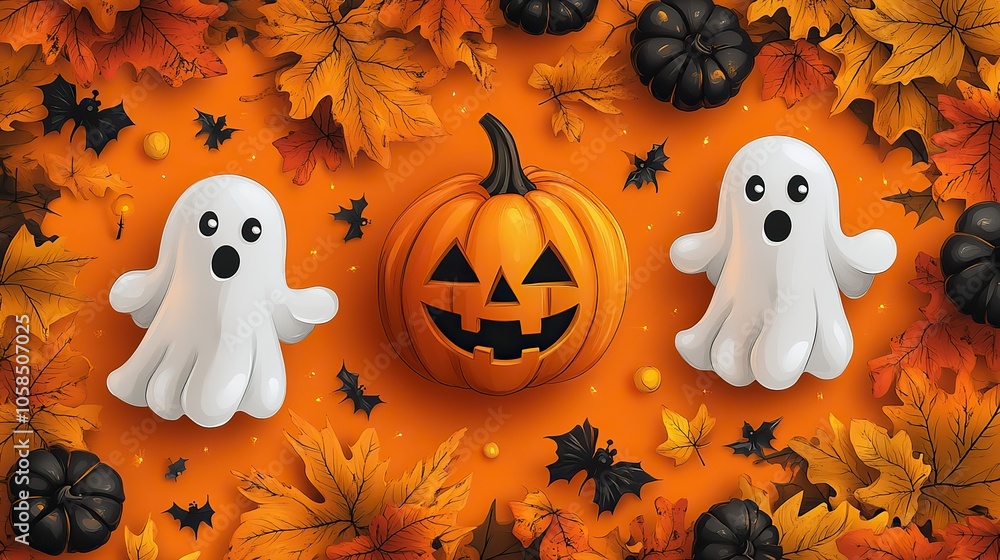 Flat design pattern with small cartoon ghosts and pumpkins on an orange background, using bright colors Flat design pattern with small cartoon ghosts and pumpkins on an orange background, using bright colors