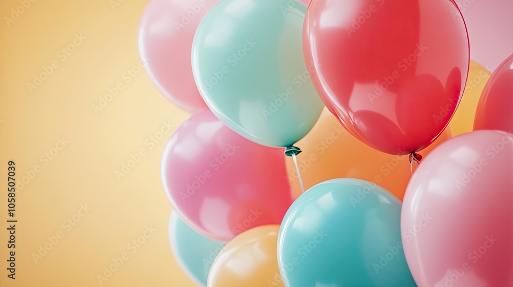 Vibrant multicolor balloons on a soft pastel wall create an eye-catching banner design. The banners colorful balloons bring joy and celebration to any space, offering ample copy space. Vibrant multicolor balloons on a soft pastel wall create an eye-catching banner design. The banners colorful balloons bring joy and celebration to any space, offering ample copy space.