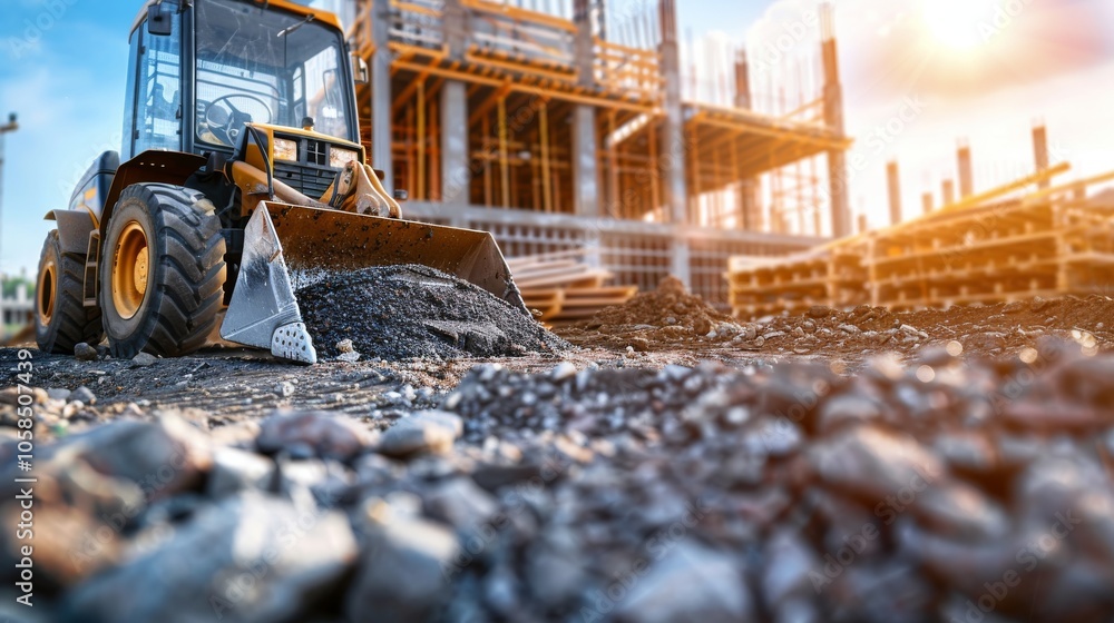 Construction Site with Excavator and Building Construction Site with Excavator and Building