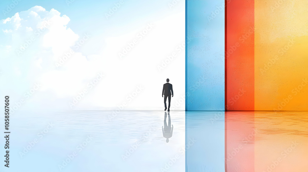 Businessman Silhouette Walking Towards Bright Future with Colorful Walls and Sky Businessman Silhouette Walking Towards Bright Future with Colorful Walls and Sky