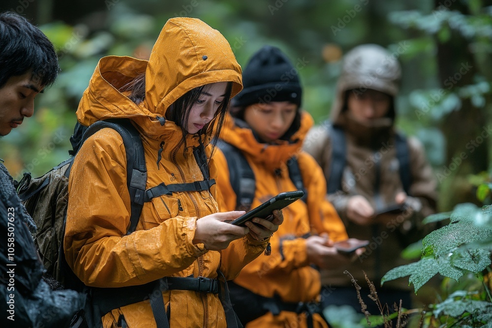 Fototapeta premium Young Friends Exploring Nature Together in Vibrant Rain Gear Amidst Digital Disconnection