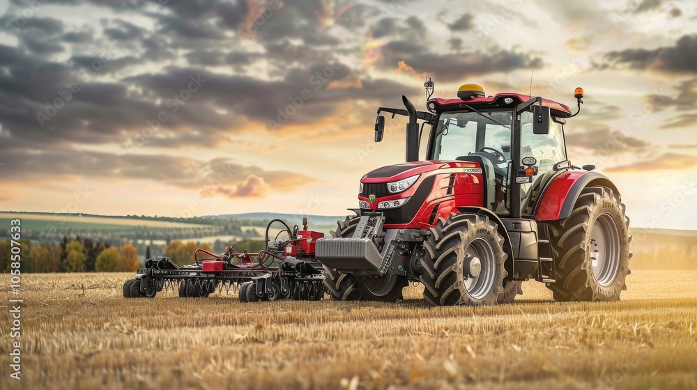 Powerful Red Tractor in a Golden Hour Field Powerful Red Tractor in a Golden Hour Field