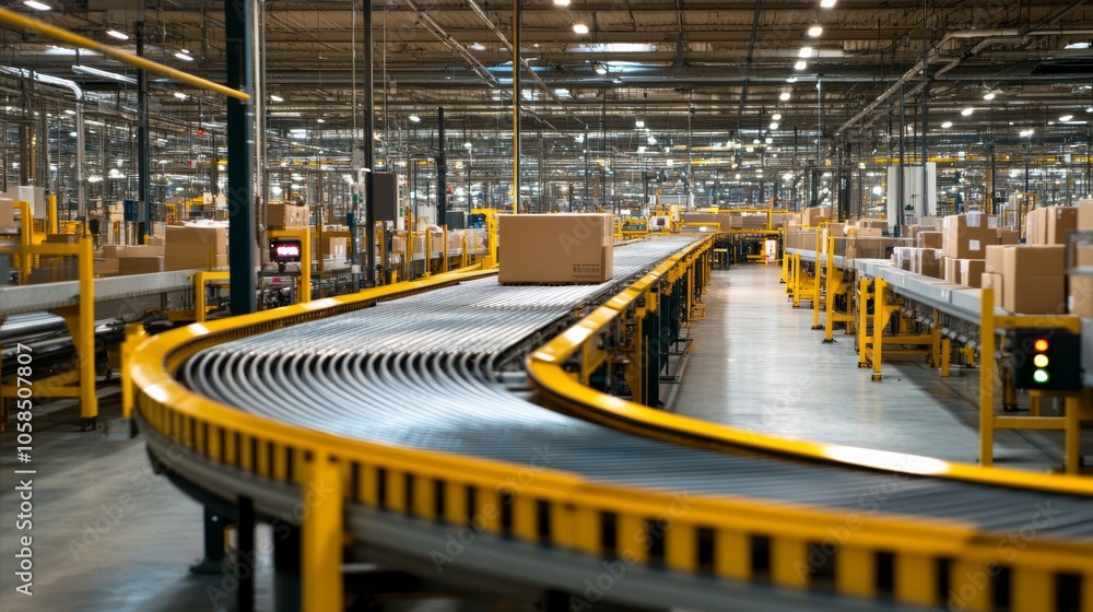 Fototapeta premium A modern warehouse features a curving conveyor belt, efficiently transporting packages in a spacious industrial environment.