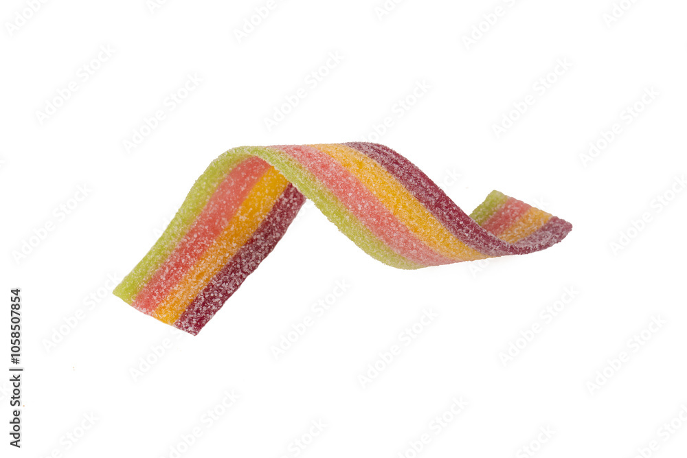 Colorful jelly candies strips in sugar sprinkles. Sour flavored rainbow candy background