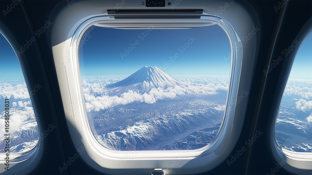 飛行機の窓からの雪化粧の富士山 飛行機の窓からの雪化粧の富士山