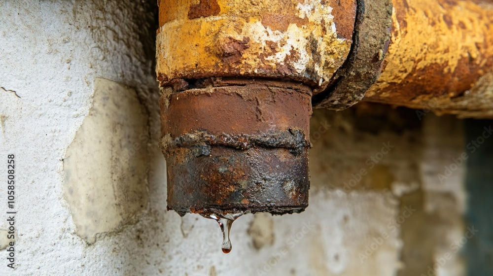 Close-up of water slowly dripping from a rusted pipe joint in a modern apartment, highlighting leakage issues Close-up of water slowly dripping from a rusted pipe joint in a modern apartment, highlighting leakage issues