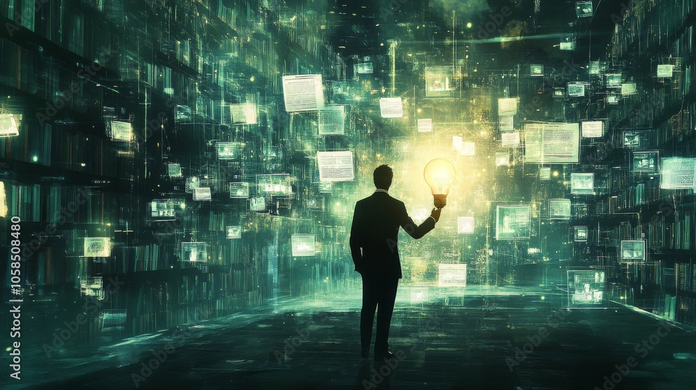 2410 33.A businessman stands with a glowing light bulb in hand, surrounded by transparent virtual icons representing ebooks. The digital interface floats in the background, depicting the concept of 2410 33.A businessman stands with a glowing light bulb in hand, surrounded by transparent virtual icons representing ebooks. The digital interface floats in the background, depicting the concept of