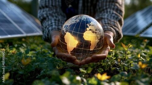 A person holds a glowing globe over lush greenery, symbolizing sustainability and environmental responsibility amidst solar panels. photo