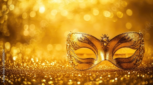 Decorative carnival mask with beads and glitter, sitting on a shiny golden surface, ready for a festive celebration.