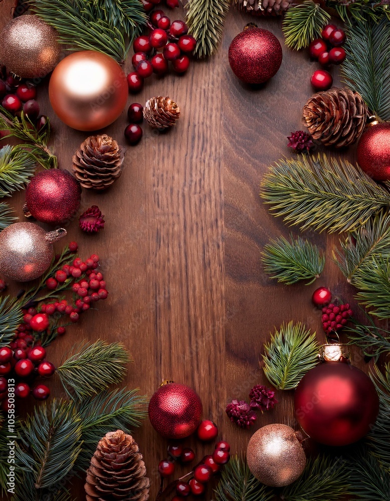 Obraz premium A variety of different types of christmas ornaments and pine, including redberries arranged on a wooden board with copy space in the center