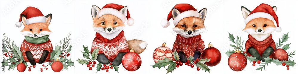 Four adorable foxes in festive hats and cozy sweaters, surrounded by holiday decorations, radiate Christmas cheer. Four adorable foxes in festive hats and cozy sweaters, surrounded by holiday decorations, radiate Christmas cheer.