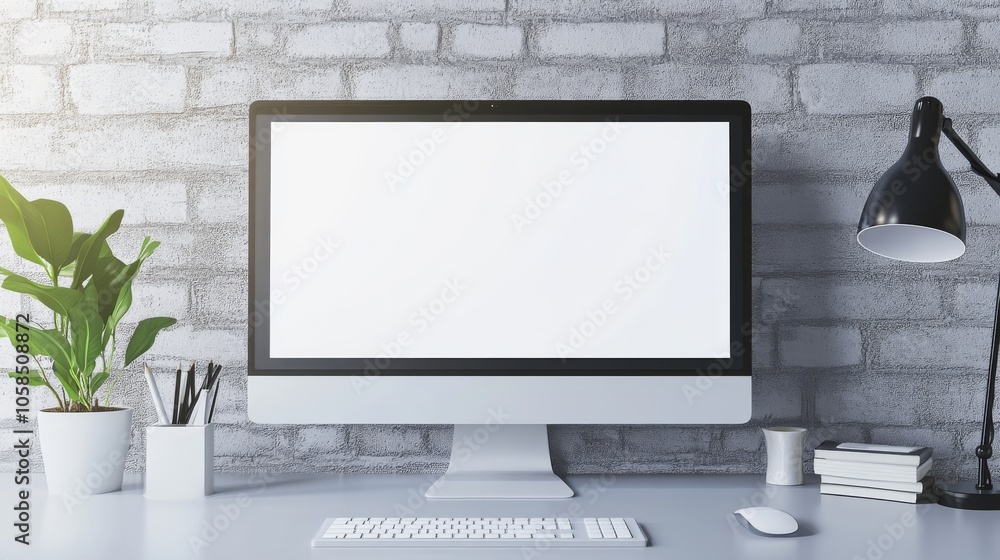 Fototapeta premium A modern workspace featuring a blank computer screen, minimalist decor, a desk lamp, a potted plant, and organized stationery against a textured brick wall.