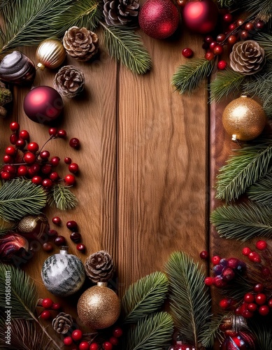 A variety of different types of christmas ornaments and pine, including redberries arranged on a wooden board with copy space in the center photo