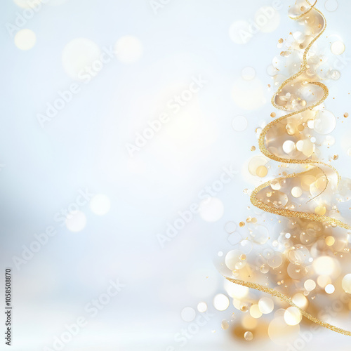 beautiful abstract Christmas tree with golden swirls and soft bokeh lights, creating festive and magical atmosphere