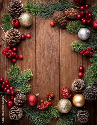 A variety of different types of christmas ornaments and pine, including redberries arranged on a wooden board with copy space in the center photo