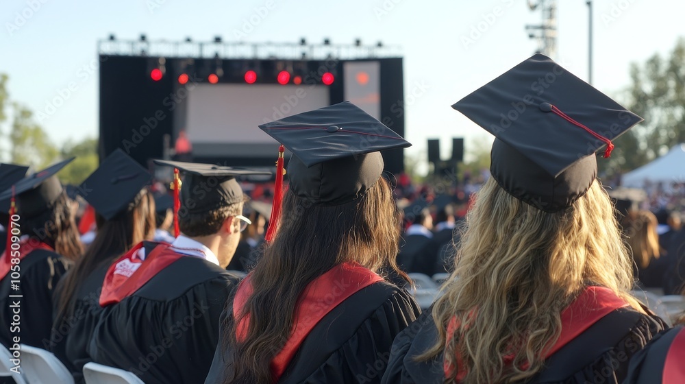 Obraz premium 2410 12.A detailed shot of graduates from behind, proudly wearing their gowns and mortarboards. The backdrop shows a clear sky and a stage in the distance, symbolizing the culmination of years of