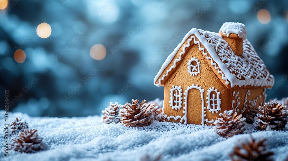 Gingerbread house decorated against snowy blue blurred background, representing sweet cookies for winter holidays, with Christmas and New Year greeting card template and copy space Gingerbread house decorated against snowy blue blurred background, representing sweet cookies for winter holidays, with Christmas and New Year greeting card template and copy space