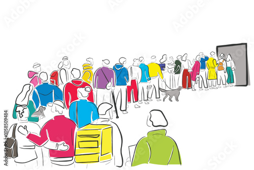 Hand drawn line art vector of a group of people in queue waiting for their turn. Adventure and tourism concept