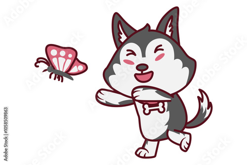 Cute Dog Chasing a Butterfly Illustration