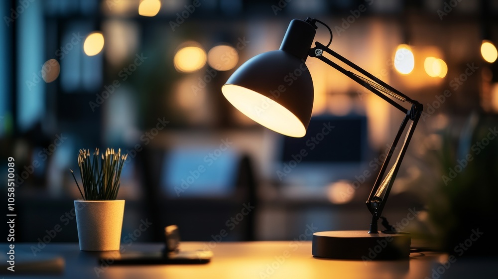 2410 96.A modern dark workspace with a sleek, minimalist desk lamp casting a soft glow on a clean tabletop. The decor is simple, with small decorative items and space for product mockup display. The 2410 96.A modern dark workspace with a sleek, minimalist desk lamp casting a soft glow on a clean tabletop. The decor is simple, with small decorative items and space for product mockup display. The