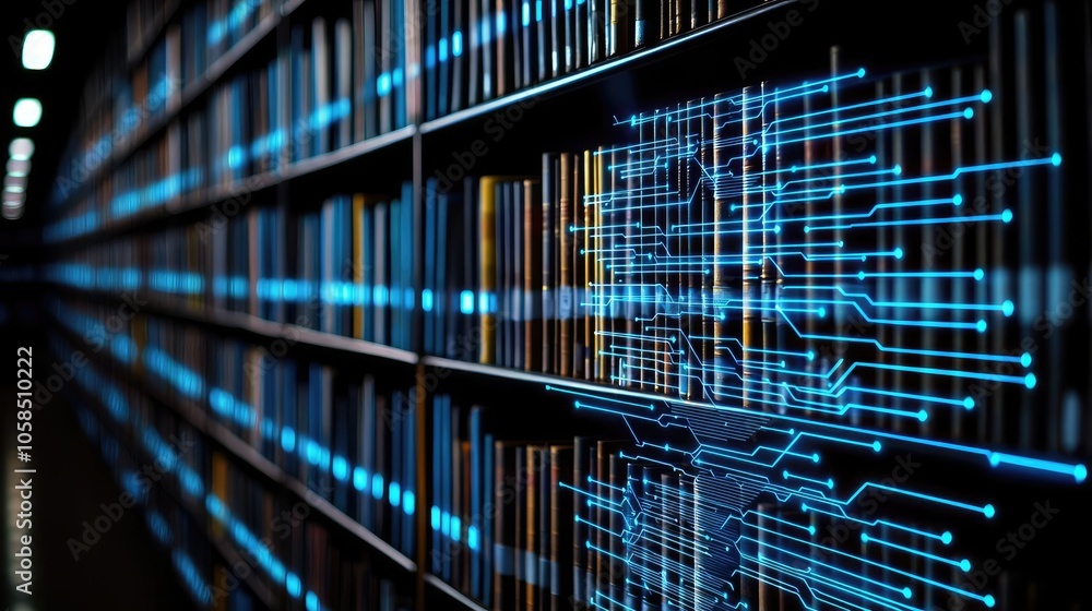 Digital library with glowing books and circuitry, modern tech inspired design. Digital library with glowing books and circuitry, modern tech inspired design.