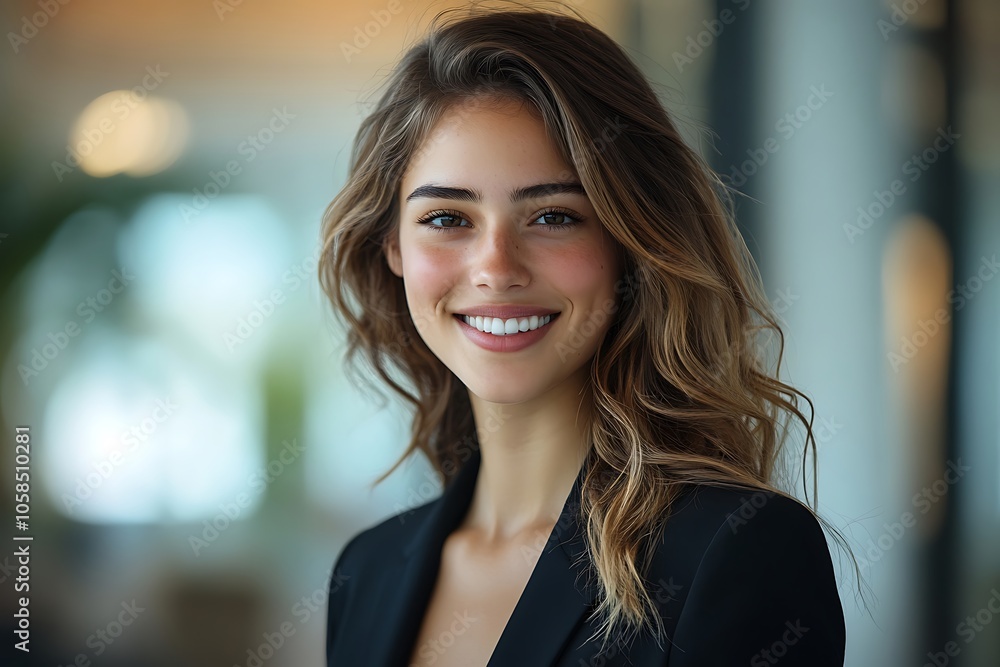 Beautiful Blonde Entrepreneur Smiling Confidently in a Black Blazer. Beautiful Blonde Entrepreneur Smiling Confidently in a Black Blazer.