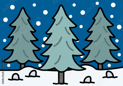 Dibujo de paisaje nevado con pinos y abetos