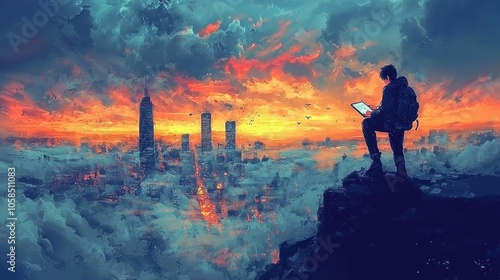 Man with laptop overlooking futuristic city at sunset.