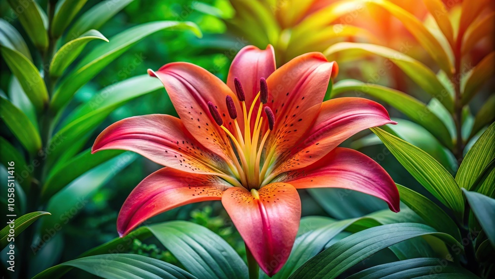 Macro tropical lily blossom in lush foliage Macro tropical lily blossom in lush foliage