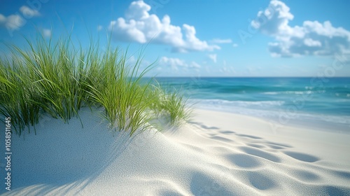 Wallpaper Mural Grass growing on tropical paradise sandy beach with clear blue seand sky, representing sunny summer vacation, perfect for travel concept banners, cards, or flyers with nature themes Torontodigital.ca