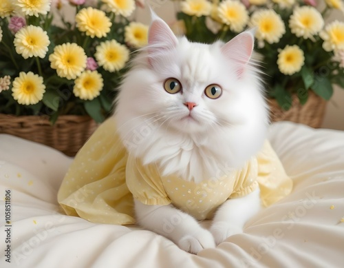 A small white cat with a fluffy tail, dressed in a cute pastel yellow dress with tiny polka dots, lying on a bed of flowers, looking at the camera with big, bright eyes
 photo