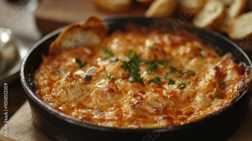 Cheesy Baked Casserole Topped with Fresh Parsley. Buffalo-Style Chicken Dip