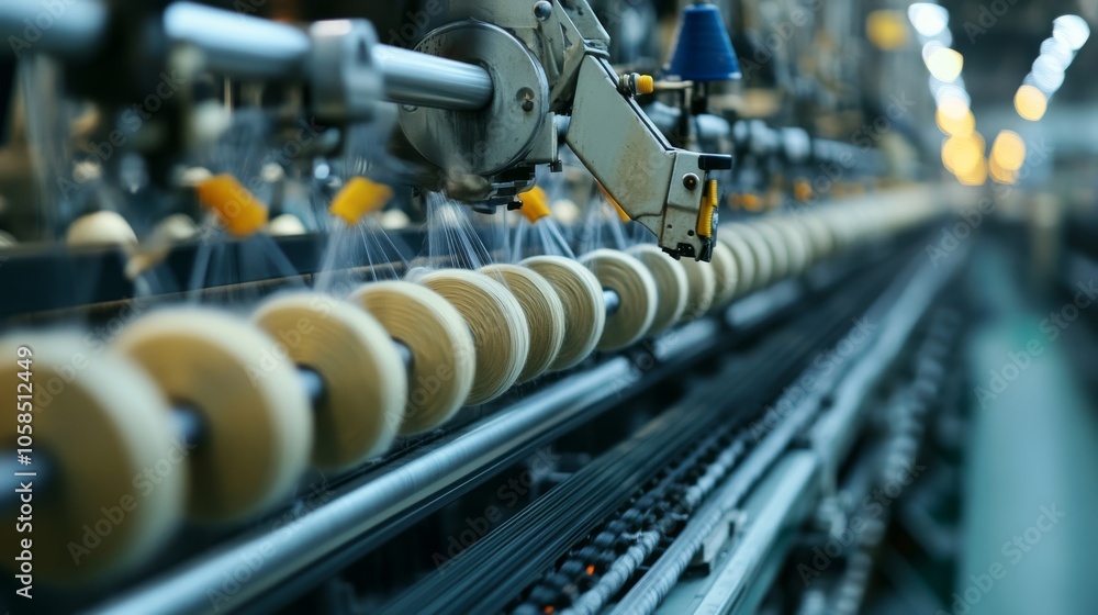 A close-up view of a textile production line, showcasing spindles and robotic machinery in operation, emphasizing industrial efficiency. A close-up view of a textile production line, showcasing spindles and robotic machinery in operation, emphasizing industrial efficiency.