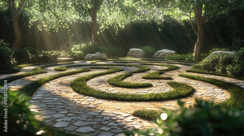 A serene moment for prayer or tranquil labyrinth walking in a peaceful setting, offering ample space for reflection and contemplation. Ideal for personal or spiritual imagery.